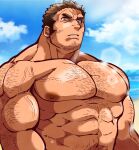  1boy abs alternate_facial_hair alternate_pectoral_size arm_hair bara beard chest_hair dark-skinned_male dark_skin facial_hair frown glaring hairy highres houzouin_oniwaka kizami_nori_to_yamaimo large_pectorals male_focus mature_male muscular muscular_male navel_hair nipples nude pectorals scar scar_on_face scar_on_forehead short_hair sideburns solo sunlight tokyo_afterschool_summoners upper_body veins 