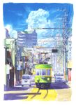  blue_sky building cable car city cityscape cloud commentary_request day english_text ground_vehicle highres hiragana kanji motor_vehicle no_humans original power_lines railroad_tracks road scenery shade shonan211 sign sky sunlight train utility_pole 