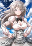 1girl absurdres armpit_cutout breasts cleavage cleavage_cutout clothing_cutout conte_di_cavour_(kancolle) corset dress frilled_dress frills grey_dress grey_eyes highres kantai_collection kentan_(kingtaiki) large_breasts layered_dress long_hair long_sleeves silver_hair solo two-tone_dress two_side_up upper_body white_dress 