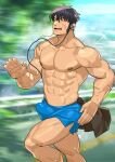  1boy abs bara black_hair blue_shorts blurry blurry_background brown_shirt bulge clothes_around_waist cloud day dolphin_shorts erection erection_under_clothes ero_condo exercise highres kienbiu large_pectorals male_focus muscular muscular_male nipples official_art open_mouth outdoors pectorals scar scar_on_arm shirt shirt_around_waist shirt_removed short_hair short_shorts shorts sideburns sky solo sweat sweatdrop thighs topless_male training wey_(ero_condo) 