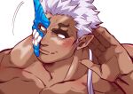 1boy bara blush dark-skinned_male dark_skin fang half_mask horned_mask horns kizami_nori_to_yamaimo large_pectorals looking_to_the_side male_focus mask monster_boy motion_lines muscular muscular_male no_pupils nude oni_mask pectorals pointy_ears short_hair shuten_douji_(housamo) sideburns single_horn solo tokyo_afterschool_summoners upper_body white_hair 