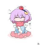  1girl :&lt; absurdres bangs blouse blue_blouse blush closed_eyes commentary_request eyeball eyebrows_visible_through_hair frilled_shirt_collar frills hair_between_eyes hair_ornament hairband heart heart_hair_ornament highres komeiji_satori long_sleeves object_hug pillow pillow_hug pink_skirt purple_hair scavia10 short_hair simple_background skirt solo touhou white_background wide_sleeves 