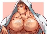  1boy bara bare_pectorals blush chest_hair facial_hair goatee highres hood hood_up hooded_jacket houzouin_oniwaka jacket kizami_nori_to_yamaimo large_pectorals looking_at_viewer male_focus mature_male muscular muscular_male nipples open_clothes open_jacket pectoral_focus pectorals pout scar scar_on_face scar_on_forehead short_hair sideburns solo tokyo_afterschool_summoners upper_body white_jacket 