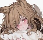  1girl ahoge animal_ears aogisa arknights blush brown_hair ceobe_(arknights) close-up dog_ears dog_girl dog_tail eyebrows_visible_through_hair looking_at_viewer object_hug pillow pillow_hug red_eyes simple_background solo tail white_background 