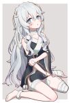  1girl bandaged_foot bandaged_leg bandaged_neck bandages bare_shoulders barefoot blue_eyes blush clothing_cutout collarbone commentary_request full_body girls&#039;_frontline grey_background grey_hair intravenous_drip kawara_pigeon long_hair looking_at_viewer parted_lips ribeyrolles_(girls&#039;_frontline) shoulder_cutout sitting solo two-tone_background wariza wavy_hair white_background wristband 
