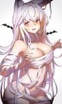  1girl animal_ear_fluff animal_ears bandages bangs bare_shoulders bat breasts collarbone cowboy_shot hands_up highres itaco large_breasts long_hair looking_at_viewer messy_hair midriff naked_bandage navel open_mouth original sidelocks solo standing sweatdrop thighs very_long_hair white_background 