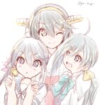 3girls ahoge akebono_(kancolle) bell black_hair blue_sailor_collar bow bowtie brown_eyes chicken99 commentary_request flower grey_eyes grey_hair hair_bell hair_between_eyes hair_flower hair_ornament halterneck haruna_(kancolle) headgear highres jingle_bell kantai_collection kiyoshimo_(kancolle) long_hair looking_at_viewer low_twintails multiple_girls one-hour_drawing_challenge purple_eyes purple_hair sailor_collar school_uniform serafuku shirt side_ponytail simple_background twintails twitter_username upper_body very_long_hair white_background white_shirt 
