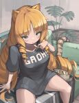  1girl absurdres animal_ears arknights arm_support black_shirt blush clothes_writing collarbone couch drill_hair eating eyebrows_behind_hair fern food green_eyes highres holding holding_food long_hair open_mouth orange_hair plant potted_plant shirt sidelocks sitting solo swire_(arknights) tail tiger_ears tiger_girl tiger_tail togekk0 twin_drills very_long_hair 