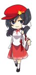  1girl bare_shoulders black_footwear black_hair blue_eyes cabbie_hat chibi detached_sleeves extra eyebrows_visible_through_hair flat_cap hat label_girl_(dipp) mandarin_collar medium_hair ppptoka red_headwear red_neckwear red_ribbon red_skirt ribbon side_ponytail simple_background skirt smile solo touhou vest white_background white_legwear white_sleeves white_vest wide_sleeves 