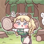  1boy 1girl blonde_hair blue_eyes blush blush_stickers braid breasts bulga commander_(last_origin) forest frigga_(last_origin) grass heavy large_breasts last_origin log looking_at_viewer nature open_mouth smile tree tree_stump twin_braids 