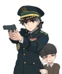  1boy 1girl aiming badge bangs black_eyes black_hair black_necktie bowl_cut brown_shirt child closed_mouth crying crying_with_eyes_open gun handgun hat highres holding holding_gun holding_weapon looking_at_viewer military military_hat military_uniform necktie open_mouth original perfect_han pistol polo_shirt protecting ribbon_bar shirt simple_background tears teeth uniform weapon white_background white_shirt 