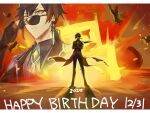  1boy bangs birthday black_gloves black_hair border brown_hair closed_mouth crossed_arms dated earrings explosion genshin_impact gloves gradient_hair hair_between_eyes happy_birthday hilichurl_(genshin_impact) jacket jewelry long_hair menma222 multicolored_hair multiple_views pants ponytail single_earring standing sunglasses tassel tassel_earrings white_border yellow_eyes zhongli_(genshin_impact) 