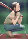  1girl :d ball bare_shoulders baseball baseball_bat blue_pants blush breasts brown_eyes brown_footwear brown_hair brown_shirt cleavage commentary_request denim eyes_visible_through_hair full_body ganbare_douki-chan high_heels highres holding holding_baseball_bat jeans jewelry long_hair looking_at_viewer medium_breasts necklace off-shoulder_shirt off_shoulder open_mouth pants senpai-san_(douki-chan) shirt shoes smile solo squatting teeth upper_teeth yomu_(sgt_epper) younger 