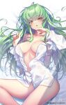  1girl bare_shoulders bed_sheet breasts c.c. code_geass eyebrows_visible_through_hair fingernails green_hair hong_(white_spider) long_hair long_sleeves looking_at_viewer lying medium_breasts off_shoulder on_back open_clothes open_mouth open_shirt patreon_username revision shirt signature solo teeth thighs upper_teeth white_shirt yellow_eyes 