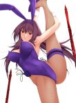  1girl animal_ears covered_navel embarrassed fate/grand_order fate_(series) fishnets garter_straps high_heels highres looking_at_viewer pantyhose playboy_bunny polearm purple_hair rabbit_ears red_eyes scathach_(fate) solo spear split standing standing_on_one_leg standing_split takai_isshiki weapon 