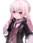  1boy :o animal_ears ansel_(arknights) arknights bangs black_jacket gloves index_finger_raised jacket long_sleeves looking_at_viewer male_focus necktie nemu_raku_kizoku_(user_exgk7444) otoko_no_ko pink_eyes pink_hair purple_vest rabbit_boy rabbit_ears red_necktie shirt short_hair simple_background solo stethoscope vest white_background white_gloves white_shirt 