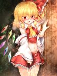  1girl after_sex ascot bangs bare_shoulders blonde_hair blush bow breasts bush collar collared_shirt cosplay crystal cum cumdrip detached_sleeves eyebrows_visible_through_hair eyes_visible_through_hair fang flandre_scarlet frills hair_between_eyes hair_bow hair_ornament hair_tubes hakurei_reimu hakurei_reimu_(cosplay) hand_up highres japanese_clothes jewelry long_sleeves looking_at_viewer marukyuu_ameya medium_breasts miko miniskirt multicolored_wings navel no_hat no_headwear open_mouth ponytail red_bow red_eyes red_nails red_shirt red_skirt shadow shirt short_hair skirt solo standing stomach sweat tongue touhou wall white_sleeves wide_sleeves wings yellow_ascot 