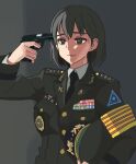  1girl bags_under_eyes bangs black_eyes black_hair closed_mouth grey_background gun gun_to_head handgun hat holding holding_clothes holding_gun holding_hat holding_weapon id_card imminent_suicide long_sleeves looking_at_viewer military military_hat military_uniform original perfect_han pistol ribbon_bar short_hair solo sweatdrop uniform weapon 