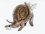  1other afterimage animal brown_theme commentary dated english_commentary extra_legs happy highres lavinia_brogi looking_down motion_lines multiple_legs no_humans open_mouth original shell shiny shiny_skin signature simple_background snail snail_shell solo tail tail_raised tail_wagging top-down_bottom-up white_background 