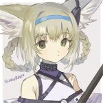  1girl animal_ear_fluff animal_ears arknights bangs blonde_hair blue_hairband blush braid character_name closed_mouth earpiece eyebrows_visible_through_hair fox_ears fox_girl fujie-yz green_eyes hair_between_eyes hair_rings hairband highres looking_at_viewer multicolored_hair portrait simple_background solo suzuran_(arknights) white_hair 