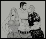  1girl arm_around_waist arm_hair bara beard belt bisexual_male blush boy_and_girl_sandwich breasts bulge eye_contact facial_hair feet_out_of_frame greyscale hairy hand_on_another&#039;s_waist highres holding_another&#039;s_wrist large_breasts large_pectorals looking_at_another mature_male monochrome muscular muscular_male original pectorals police police_uniform policeman sandwiched short_hair sideburns tank_top tarowo uniform 