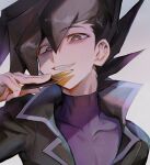  1boy aoki_(fumomo) bangs black_coat black_eyes black_hair card coat duel_academy_uniform_(yu-gi-oh!_gx) eyebrows_visible_through_hair grey_background grin hair_between_eyes holding holding_card looking_at_viewer male_focus manjoume_jun portrait purple_shirt shirt simple_background smile smug solo spiked_hair yu-gi-oh! yu-gi-oh!_gx 