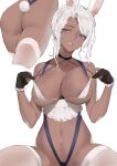  1girl absurdres animal_ears areola_slip areolae ass avatar_(ffxiv) black_choker black_gloves blue_eyes bra breasts choker commentary_request commission dark-skinned_female dark_skin final_fantasy final_fantasy_xiv gloves hands_up highres large_breasts looking_at_viewer micro_bra multiple_views navel partially_fingerless_gloves rabbit_ears rabbit_girl rabbit_tail sdustz simple_background smile spread_legs strap_lift tail thighhighs underwear underwear_only viera white_background white_bra white_hair white_legwear 