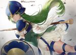  1girl armor blue_armor breastplate detached_sleeves fire_emblem fire_emblem:_path_of_radiance fire_emblem_heroes green_eyes green_hair haru_(nakajou-28) helmet highres long_hair looking_back nephenee_(fire_emblem) polearm shield shirt simple_background solo spear thigh_strap twitter_username very_long_hair weapon white_background white_shirt 