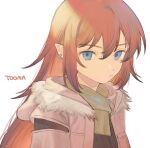  1girl bangs blue_eyes character_name closed_mouth ear_piercing eyebrows_visible_through_hair fujie-yz fur-trimmed_jacket fur_trim hair_between_eyes jacket long_hair looking_at_viewer piercing pink_jacket pointy_ears portrait red_hair rune_factory rune_factory_3 scarf simple_background solo toona white_background yellow_scarf 
