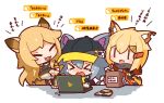  &gt;_&lt; 3girls :3 animal_ears arknights bangs black_headwear blonde_hair blush ceobe_(arknights) chibi click_(arknights) closed_eyes commentary_request computer dog_ears dog_girl fang fox_ears fox_girl grey_hair hair_between_eyes hair_ornament hairclip hat highres jacket laptop long_hair mouse_ears mouse_girl mouse_tail multiple_girls notched_ear nuu_(nu-nyu) open_mouth pointing shirt short_hair simple_background skin_fang tail tears translated vermeil_(arknights) white_background 