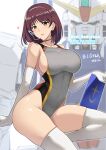  1girl bare_shoulders bob_cut breasts brown_eyes brown_hair choker commentary competition_swimsuit earrings elbow_gloves english_text engrish_text gloves ground_gundam gundam gundam_lost_war_chronicles halcon headset heart highres jewelry large_breasts mecha noel_anderson one-piece_swimsuit ranguage sideboob skindentation solo stud_earrings swimsuit taut_clothes taut_swimsuit thighhighs white_gloves white_legwear 
