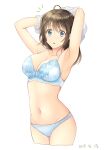  1girl bikini blue_bikini blue_bra blue_eyes bra breasts brown_hair long_hair looking_at_viewer mono_lith navel open_mouth original solo stomach swimsuit underwear white_background 