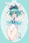  1girl :d animal_ears aqua_background aqua_eyes aqua_footwear aqua_hair aqua_theme bare_shoulders bicute_bunnies_miku black_ribbon blue_eyes blue_hair blue_theme breasts bunny_hop bunny_pose cleavage collar colored_eyelashes commentary cotton_ball covered_navel detached_collar doily double_bun fake_animal_ears fake_tail fishnet_legwear fishnets flower frilled_cuffs frills fur-trimmed_leotard hatsune_miku high_heels highres jumping knees_together_feet_apart lace_border leotard light_blue_background light_blue_hair light_blush navel necktie open_mouth oval pantyhose pinny playboy_bunny rabbit_tail ribbon side_bun sidelocks smile solo strapless strapless_leotard striped striped_background tail teeth upper_teeth vocaloid white_flower white_legwear wrist_cuffs 