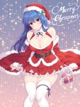  1girl alternate_costume awayuki_ramika bare_shoulders belt blue_background blue_eyes blue_hair blush breasts caeda_(fire_emblem) christmas cleavage detached_sleeves dress english_text fire_emblem fire_emblem:_mystery_of_the_emblem frilled_dress frills fur-trimmed_dress fur-trimmed_headwear fur_trim gift gradient gradient_background hair_ornament hat large_breasts long_hair long_sleeves looking_at_viewer merry_christmas pink_background red_dress santa_costume santa_hat simple_background smile solo star_(symbol) thighhighs white_legwear zettai_ryouiki 