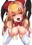 1girl areolae bat_wings blush bow bowtie breasts elis_(touhou) eyebrows_visible_through_hair from_above hair_bow head_tilt heart heart-shaped_pupils highres large_breasts long_hair looking_at_viewer nipples nude open_mouth oral_invitation orange_hair pointy_ears red_bow red_bowtie red_eyes saliva saliva_trail simple_background sitting solo star_(symbol) symbol-shaped_pupils textless thighhighs tongue tongue_out touhou touhou_(pc-98) very_long_hair wariza white_background white_legwear wings yukito_(dreamrider) 