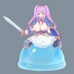  1girl :d blue_eyes blue_slime blush breasts cleavage full_body hekirake holding holding_shield holding_sword holding_weapon huge_breasts long_hair nipple_slip nipples original pink_hair puffy_short_sleeves puffy_sleeves red_neckwear shield short_sleeves slime_(creature) smile sword twintails weapon 
