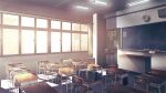  bag book bulletin_board chair chalkboard classroom clock commentary_request curtains desk highres no_humans original paper scenery school shade sunlight syiori television tissue tissue_box window 