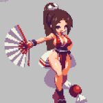  1girl bangs bare_legs breasts breasts_day brown_eyes brown_hair fatal_fury folding_fan hand_fan high_ponytail holding holding_fan large_breasts long_hair looking_at_viewer ninja no_bra no_panties pixel_art pose revealing_clothes ribbon rope sakuemon shiranui_mai smile solo swept_bangs the_king_of_fighters thick_thighs thighs white_ribbon white_rope wide_hips 