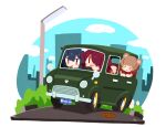  &gt;_&lt; 3girls animal_ears arknights bangs blue_hair building car character_request chibi cloud day driving exusiai_(arknights) ground_vehicle hair_over_one_eye license_plate long_hair motor_vehicle mouth_hold multiple_girls nuu_(nu-nyu) open_mouth outdoors red_eyes red_hair short_hair signature sky smile texas_(arknights) 