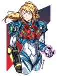  1girl absurdres arm_cannon armor bangs blonde_hair blue_eyes glowing graysheartart highres long_hair looking_at_viewer metroid metroid_dread mole mole_under_mouth ponytail power_armor power_suit samus_aran science_fiction simple_background solo upper_body weapon 