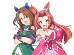  2girls animal_ears bangs bare_shoulders black_gloves blue_eyes blush bow breasts brown_hair cleavage clenched_teeth collared_shirt crossed_arms detached_sleeves dress ear_covers eyebrows_visible_through_hair gloves green_bow green_dress hair_between_eyes hair_bow hand_on_hip hand_up horse_ears kawakami_princess_(umamusume) king_halo_(umamusume) long_hair long_sleeves medium_breasts multiple_girls off-shoulder_dress off_shoulder one_side_up parted_bangs pink_dress pink_sleeves red_eyes shirt simple_background sleeveless sleeveless_shirt teeth uccow umamusume v-shaped_eyebrows very_long_hair white_background white_shirt 