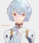 1girl ayanami_rei bangs bodysuit breasts character_name closed_mouth eyebrows_visible_through_hair fujie-yz grey_background hair_between_eyes highres interface_headset light_blue_hair looking_at_viewer neon_genesis_evangelion plugsuit portrait short_hair simple_background solo white_bodysuit 