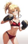  1girl bangs bare_shoulders blonde_hair boxing_gloves boxing_ring bra braid breasts collarbone fate/apocrypha fate_(series) french_braid green_eyes grin hair_ornament hair_scrunchie highres jewelry long_hair looking_at_viewer mordred_(fate) mordred_(fate/apocrypha) necklace orange_hair panties parted_bangs ponytail red_bra red_panties scrunchie short_hair sidelocks simple_background small_breasts smile solo thighs tonee underwear underwear_only white_background 