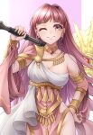  1girl armband axe bangs bare_shoulders blunt_bangs breasts choker cleavage commentary cowboy_shot dancer_(three_houses) dress earrings fire_emblem fire_emblem:_three_houses freikugel_(weapon) groin hilda_valentine_goneril holding holding_axe holding_weapon hoop_earrings jewelry large_breasts long_hair looking_at_viewer no_panties one_eye_closed pink_eyes pink_hair single-shoulder_dress smile solo ten_(tenchan_man) underbust weapon 