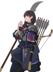  1girl arrow_(projectile) bangs bow_(weapon) braid braided_ponytail brown_eyes brown_hair chinese_armor closed_mouth earrings guan_dao highres jewelry long_hair original own_hands_together perfect_han polearm praying quiver ring sheath sheathed simple_background smile solo sword weapon white_background 