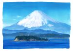  blue_sky boat building cloud commentary_request enoshima forest highres island landscape lighthouse mount_fuji mountain nature no_humans ocean original plant scenery shonan211 sky snow tower tree watercraft 