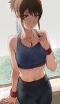 1girl absurdres bangs bare_shoulders breasts brown_eyes brown_hair collarbone commentary dota_(series) dota_2 english_commentary hews highres large_breasts long_hair looking_at_viewer marci_(dota) navel pants ponytail solo sports_bra yoga_pants 
