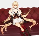 1girl absurdres asymmetrical_legwear bangs bare_shoulders blonde_hair boots braid breasts choker cleavage commission couch dm_owr dress fur_trim girls&#039;_frontline highres knee_boots long_hair low_twintails medium_breasts mismatched_legwear neckerchief off_shoulder orange_eyes ots-14_(girls&#039;_frontline) second-party_source short_dress sitting skeb_commission solo twintails very_long_hair 