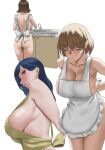  2girls apron ass backboob bare_shoulders blue_hair blush breasts brown_eyes brown_hair cleavage closed_eyes collarbone frills from_behind from_side large_breasts long_hair looking_to_the_side multiple_girls naked_apron original short_hair sideboob sink thighs tomiokasena tying_apron white_apron white_background yellow_apron 