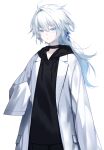  1boy ayashiro_keika blue_eyes choker commentary_request cowboy_shot eyebrows_visible_through_hair hair_between_eyes hood hood_down hoodie labcoat looking_at_viewer male_focus original oversized_clothes ponytail simple_background solo waka_(shark_waka) white_background white_hair 